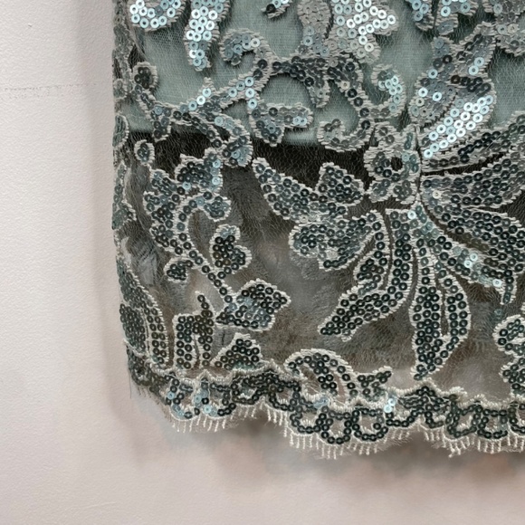 Tadashi Shoji Sequin Sheath Dress 8 Scalloped Lace Ice Silver Holiday New Years - Picture 3 of 12